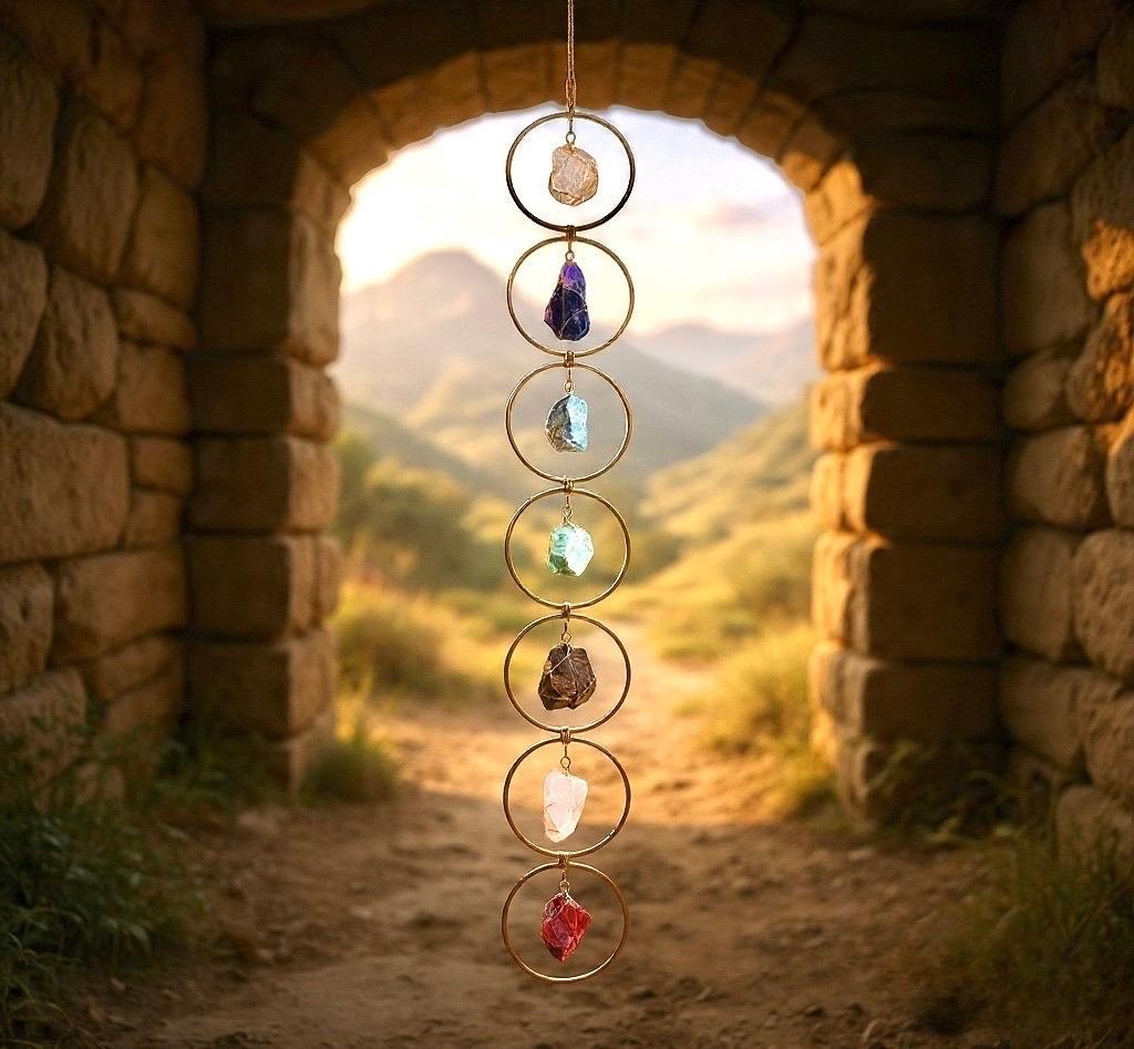 7 Chakra Crystal Hanging, Christmas Gift, Boho Home Decor, Seven Chakra Suncatcher, Meditation Wall Hanging, Natural Gem