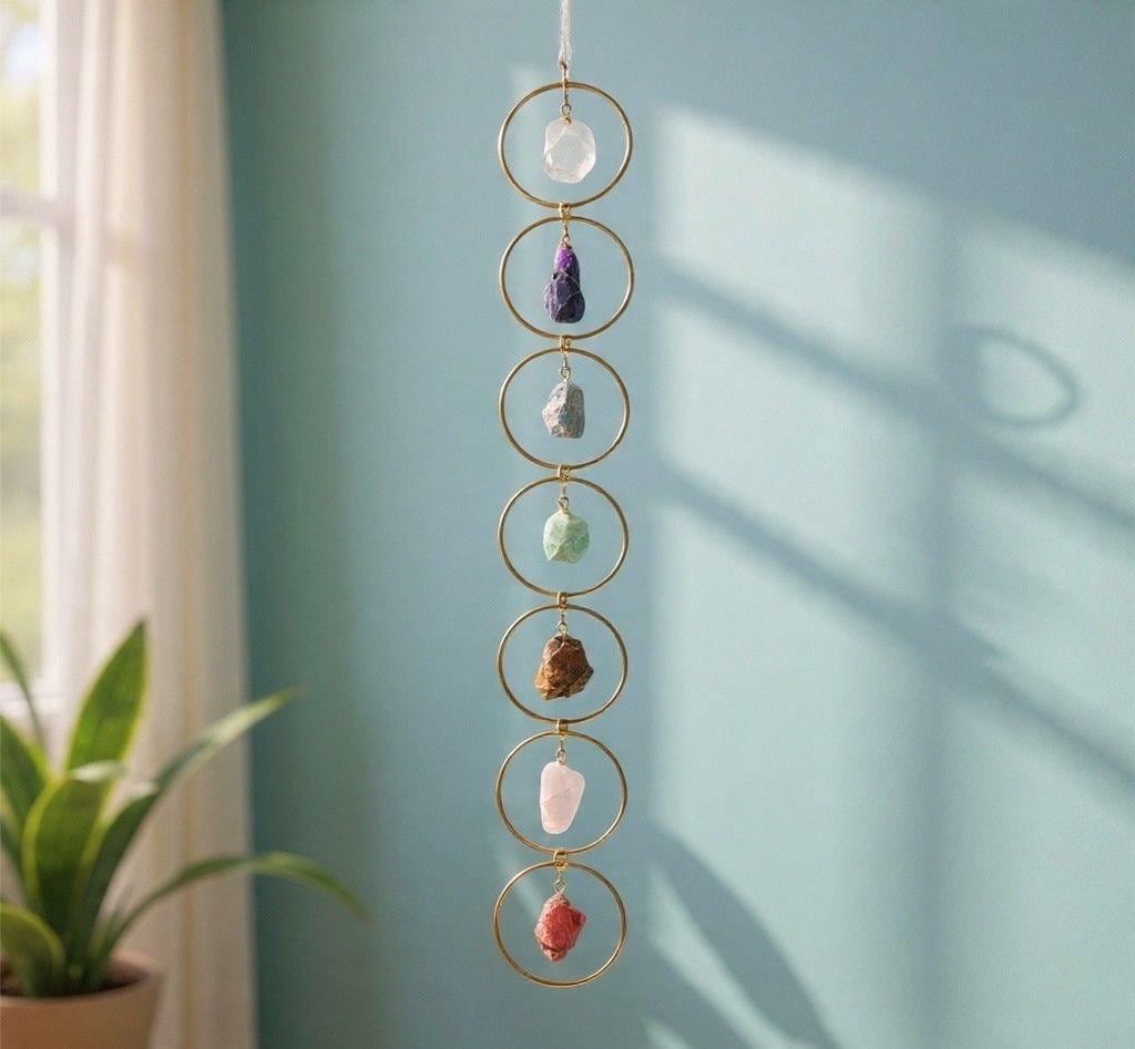 7 Chakra Crystal Hanging, Christmas Gift, Boho Home Decor, Seven Chakra Suncatcher, Meditation Wall Hanging, Natural Gem
