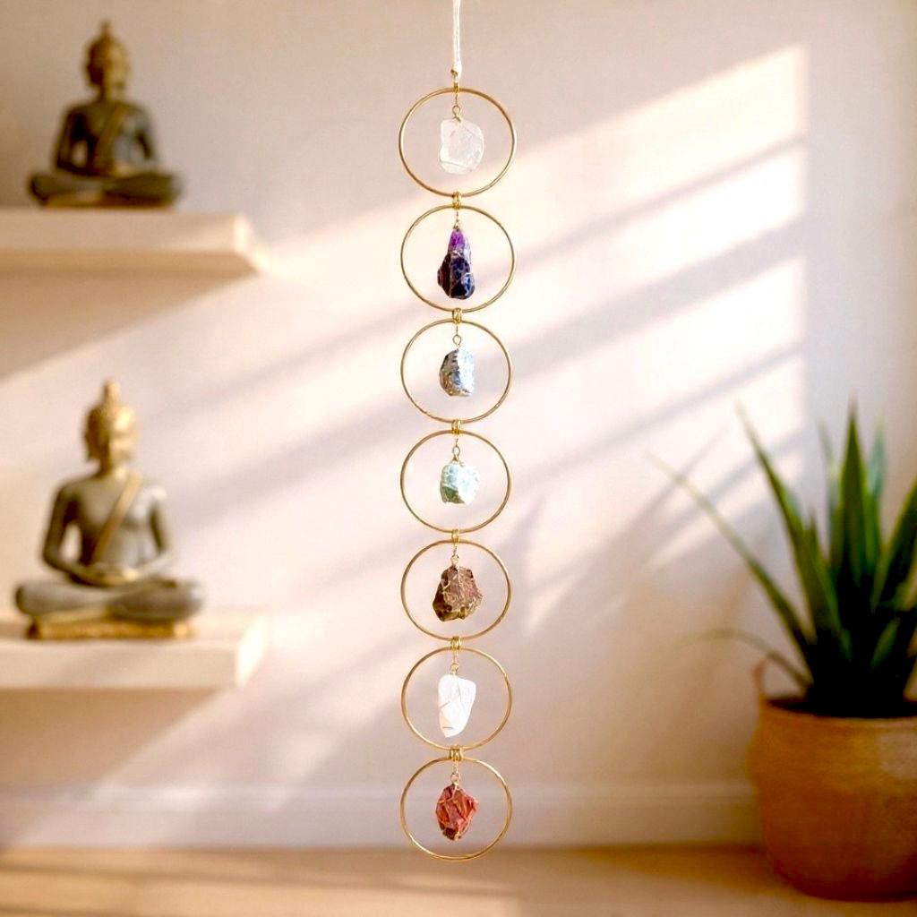 7 Chakra Crystal Hanging, Christmas Gift, Boho Home Decor, Seven Chakra Suncatcher, Meditation Wall Hanging, Natural Gem