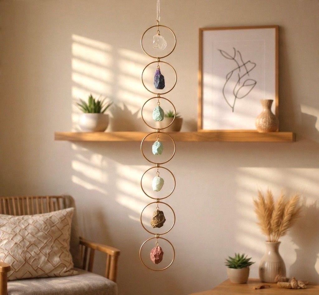 7 Chakra Crystal Hanging, Christmas Gift, Boho Home Decor, Seven Chakra Suncatcher, Meditation Wall Hanging, Natural Gem