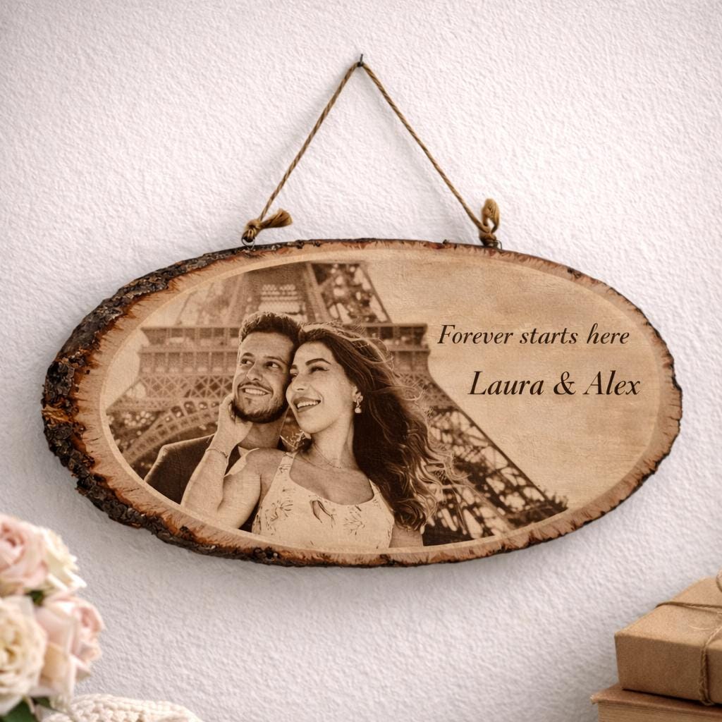 Personalized Photo Wood Sign, Custom Engraved Family Portrait, Rustic Wall Hanging Decor, Anniversary Gift, Custom Name 