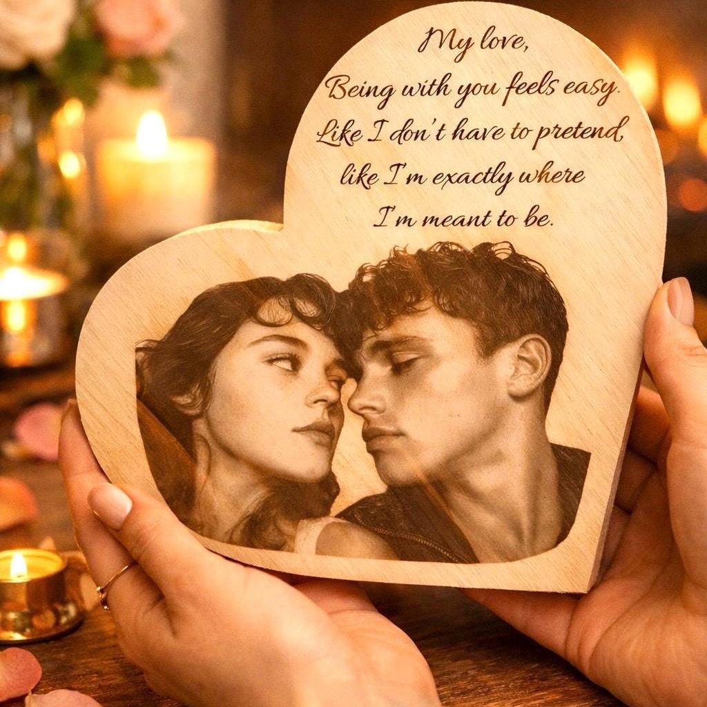 Anniversary Gift for Couple, Personalized Heart Wood Photo Engraving, Custom Photo Mother’s Day Gift , Romantic Gift for