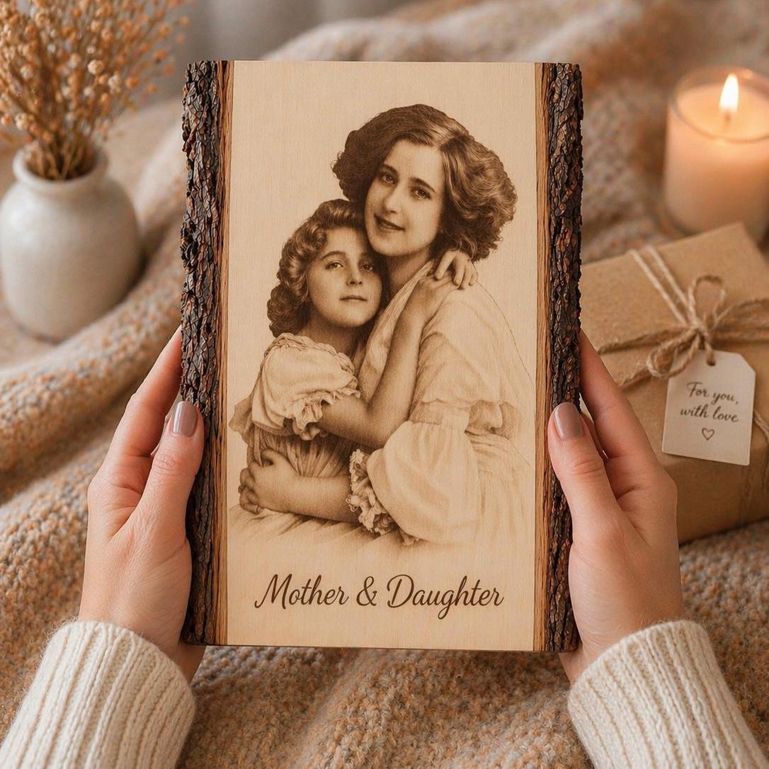 Personalized Mother’s Day Gift for Mom, Custom Photo on Wood Plaque, Engraved Wood Picture, Gift from Daughter Son, Fami