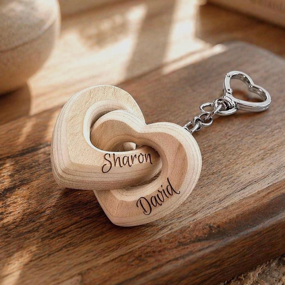 Personalized Wooden Heart Keychain, Custom Couple Names Keychain, Anniversary Gift for Him Her, Romantic Wedding Gift