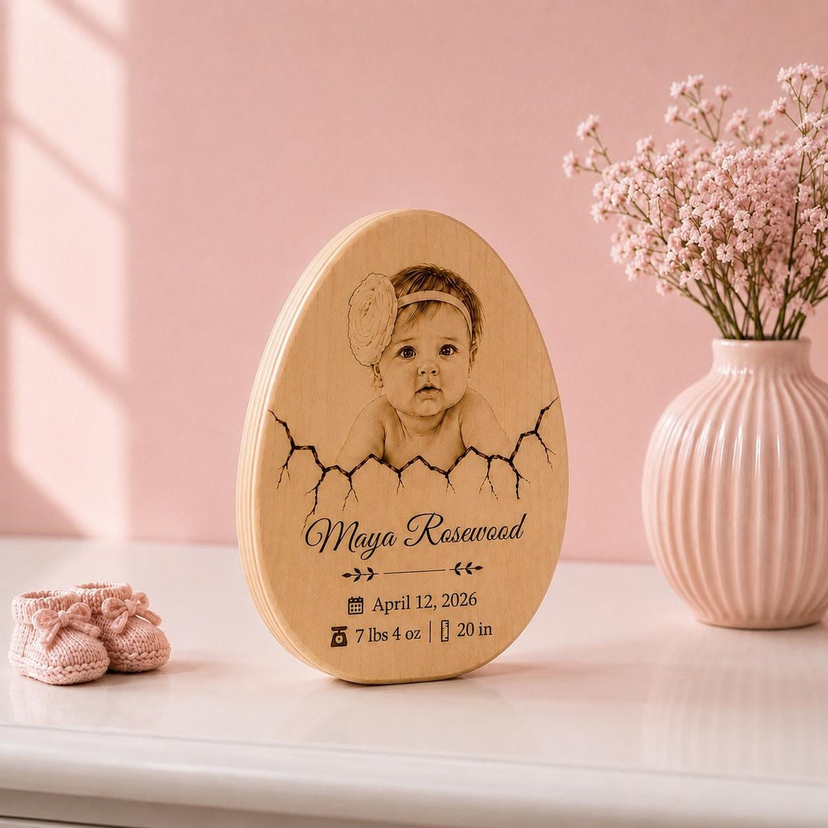 Personalized Baby Birth Plaque, Custom Baby Photo Engraving on Wood, Newborn Keepsake Gift for Mom, Baby Shower Nursery 