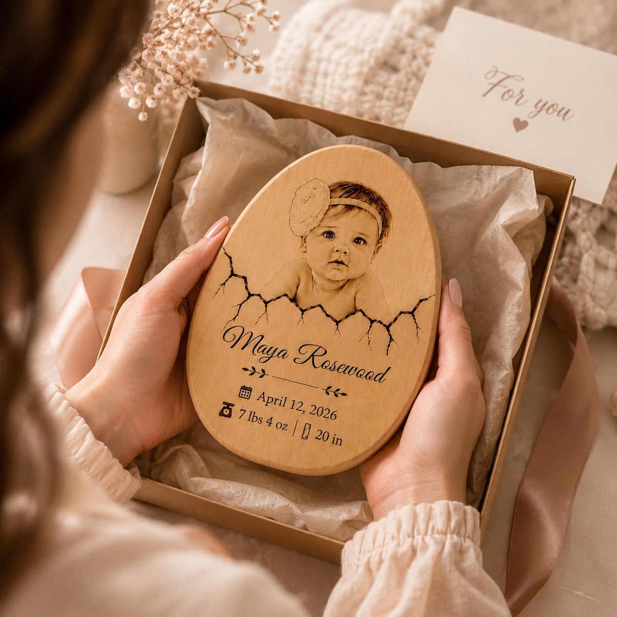 Personalized Baby Birth Plaque, Custom Baby Photo Engraving on Wood, Newborn Keepsake Gift for Mom, Baby Shower Nursery 