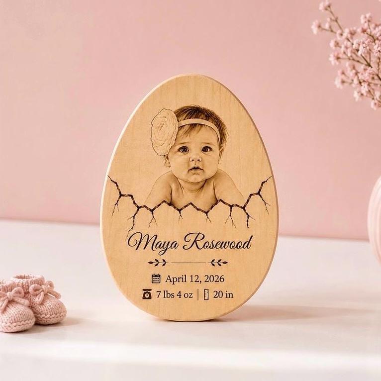 Personalized Baby Birth Plaque, Custom Baby Photo Engraving on Wood, Newborn Keepsake Gift for Mom, Baby Shower Nursery 
