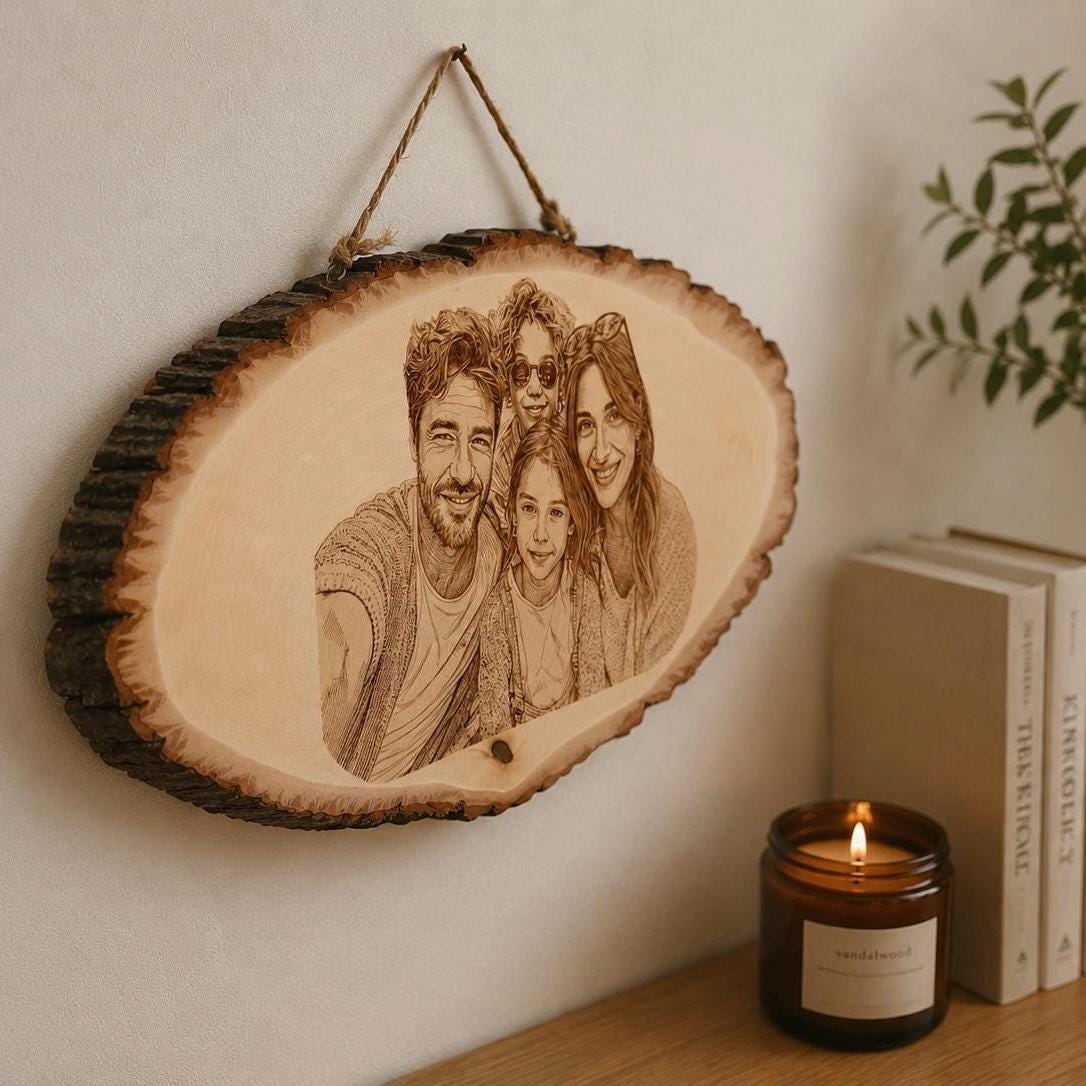 Personalized Photo Wood Sign, Custom Engraved Family Portrait, Rustic Wall Hanging Decor, Anniversary Gift, Custom Name 