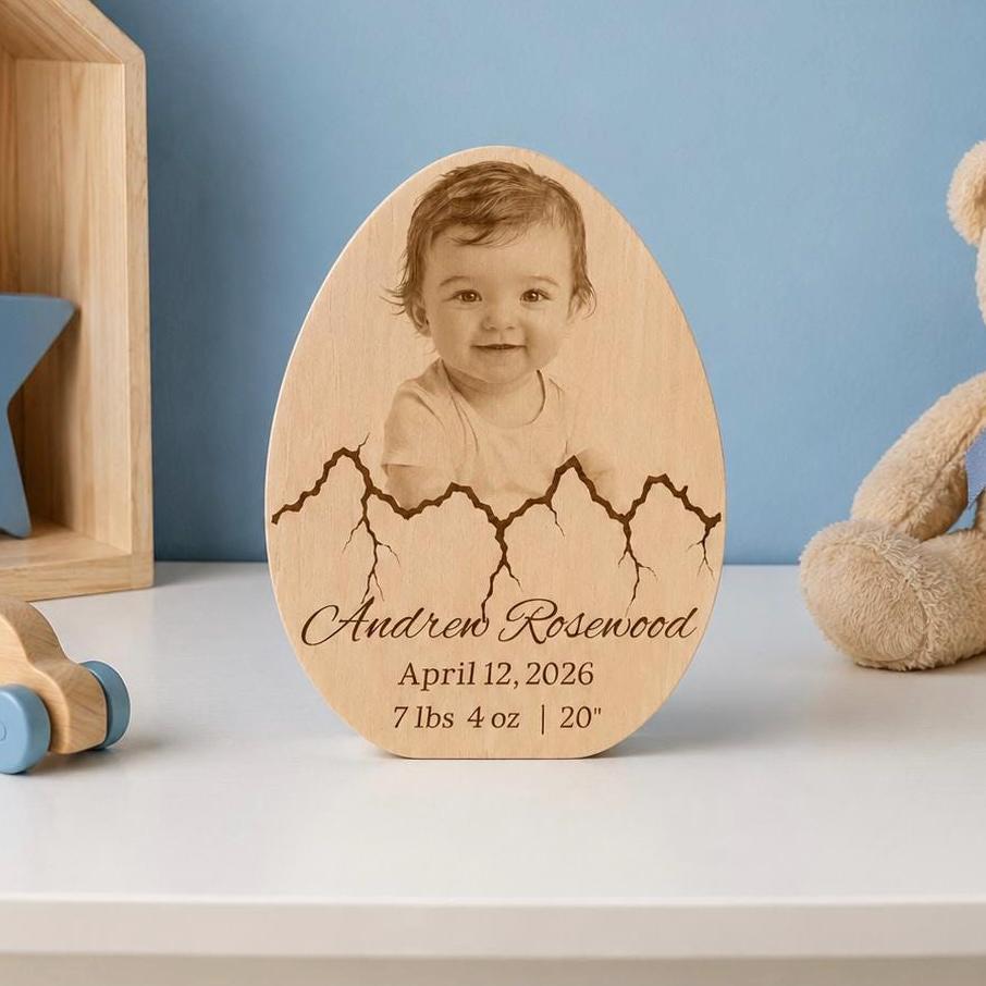Personalized Baby Birth Plaque, Custom Baby Photo Engraving on Wood, Newborn Keepsake Gift for Mom, Baby Shower Nursery 