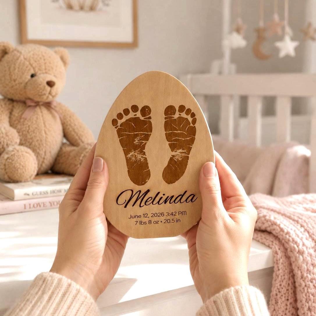 Personalized Wooden Baby Footprint Plaque, Custom Baby Footprint Keepsake, Baby Birth Stats Sign, New Baby Gift for Pare