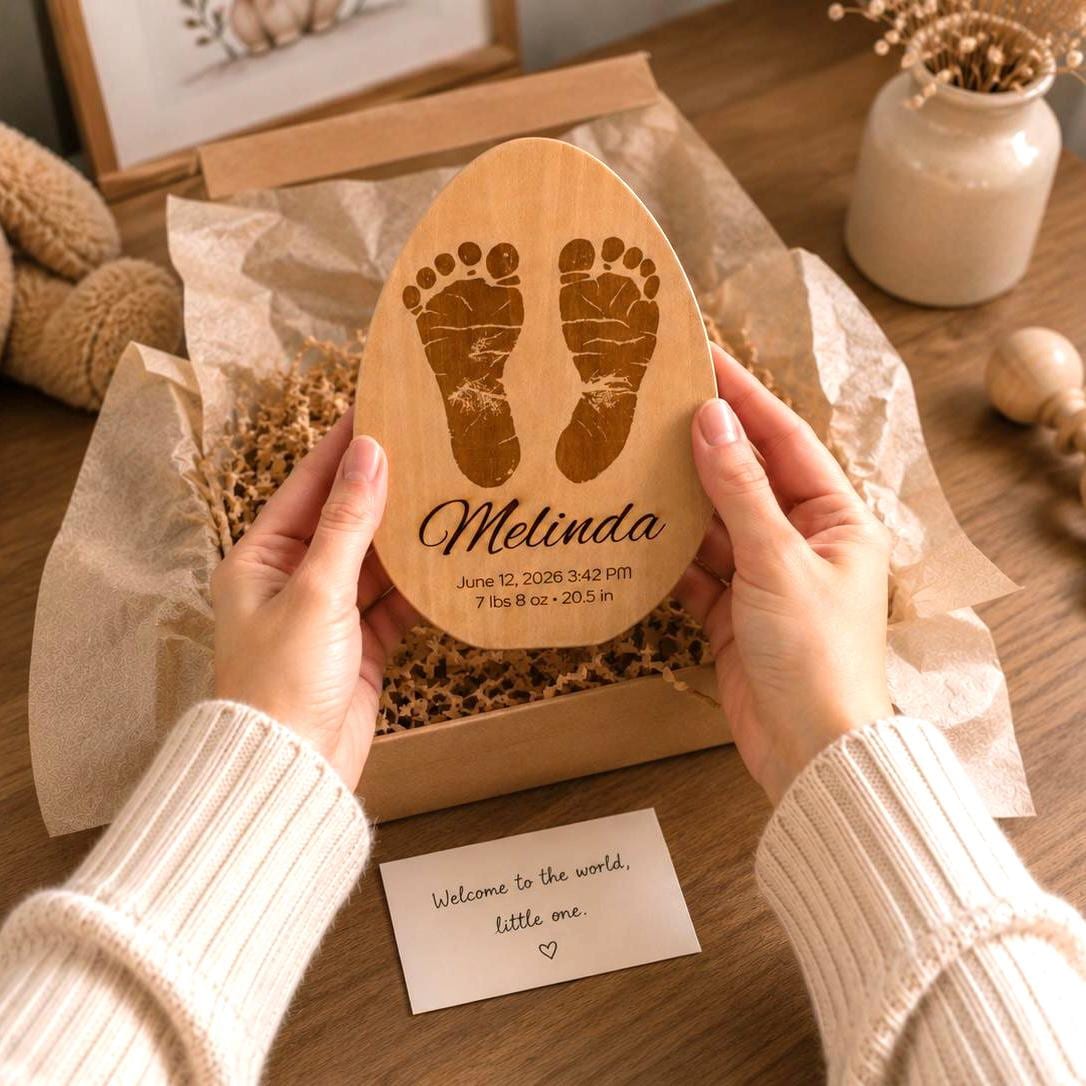 Personalized Wooden Baby Footprint Plaque, Custom Baby Footprint Keepsake, Baby Birth Stats Sign, New Baby Gift for Pare