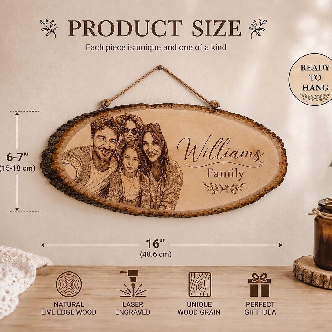 Personalized Photo Wood Sign, Custom Engraved Family Portrait, Rustic Wall Hanging Decor, Anniversary Gift, Custom Name 