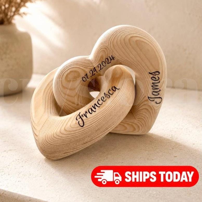 Personalized Wooden Hearts with Names, Anniversary Gift for Couples, Wedding or Engagement Keepsake