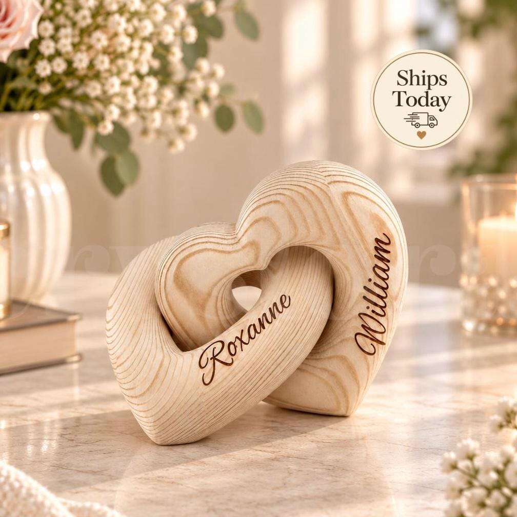 Personalized Wooden Hearts with Names, Anniversary Gift for Couples, Wedding or Engagement Keepsake